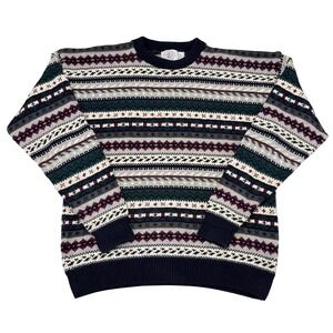Vintage Cape Isle Knitters Sweater Mens Large Striped Retro Crew Neck Fisherman